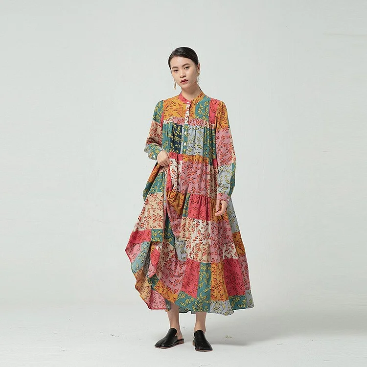 Vintage Loose Half Stand Collar Colorblock Leaf Printed Long Sleeve Pleated Dress