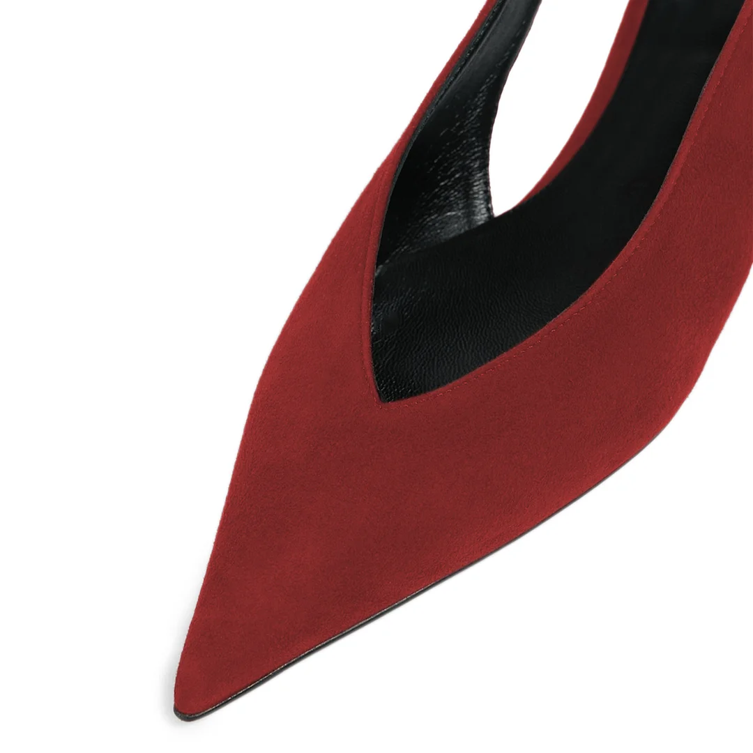 Dark Red Pointed Toe Slingback Strappy Classy Pumps with Wedge Heel