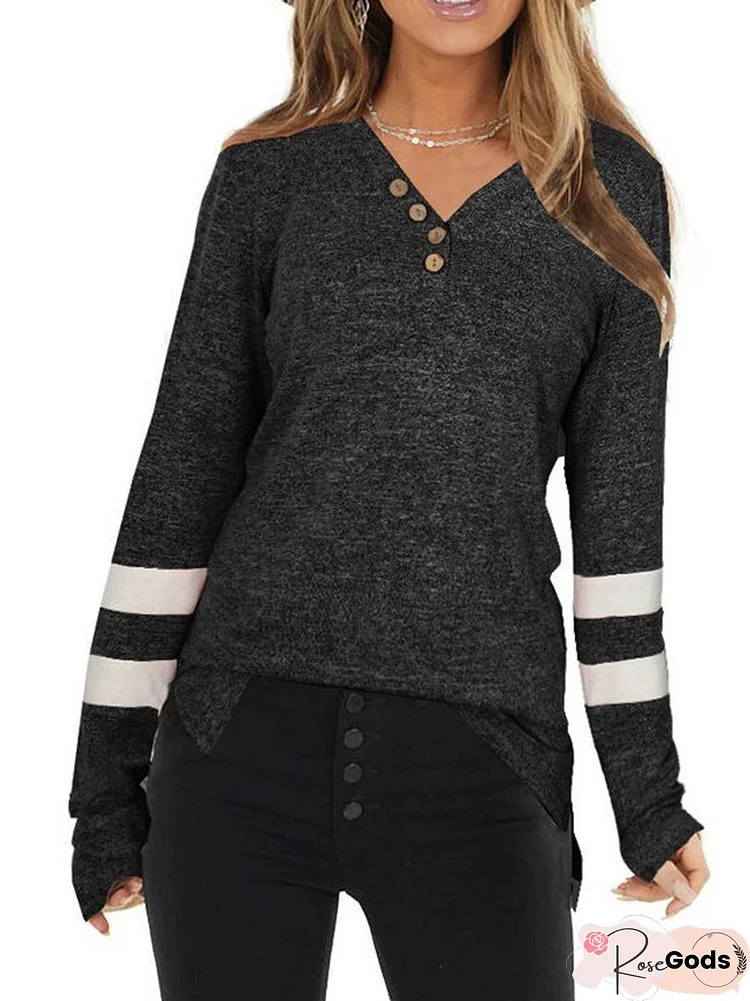 V Neck Shift Casual Long Sleeve Shirts & Tops