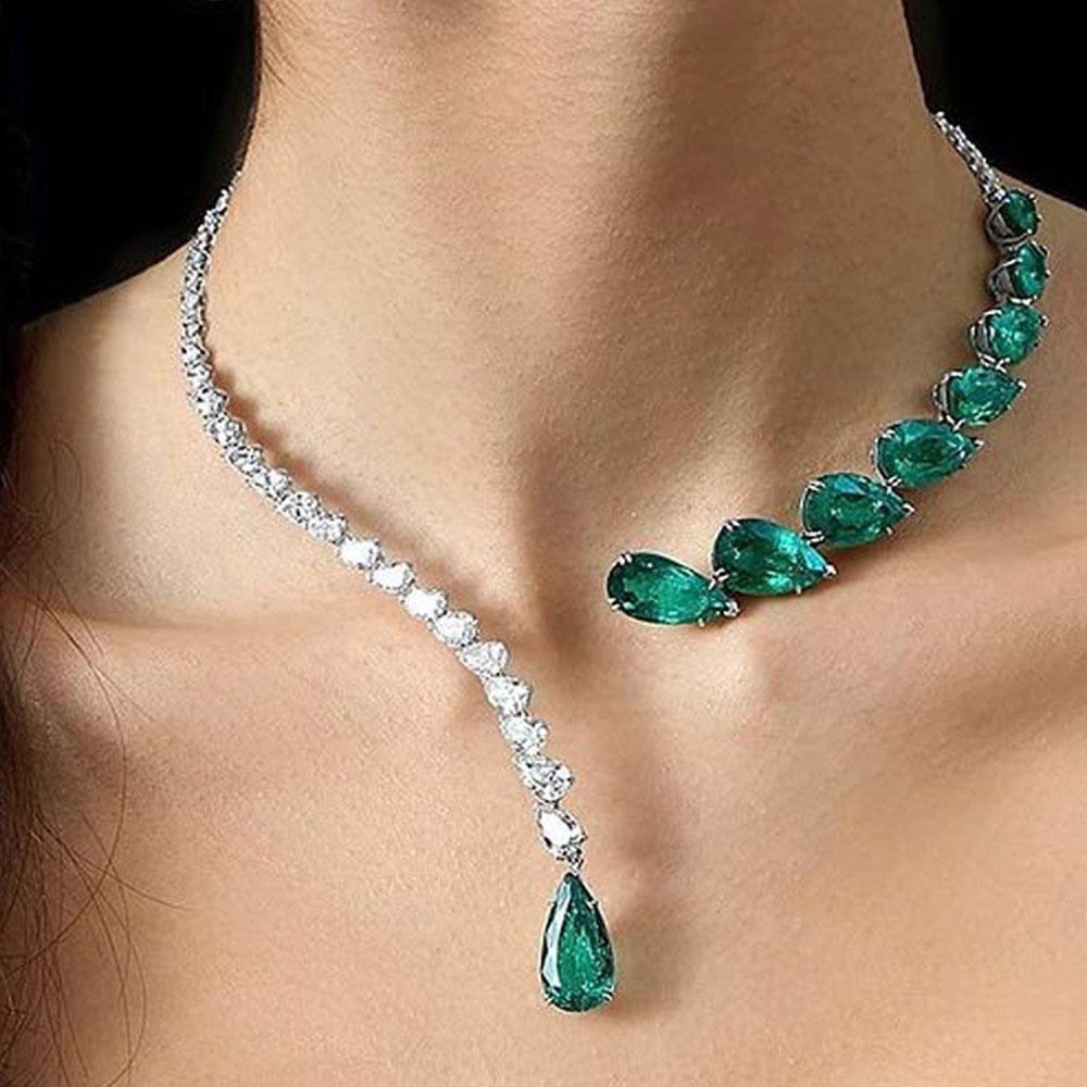 Green Water Drop Rhinestone Open Choker Necklace Wedding Jewelry