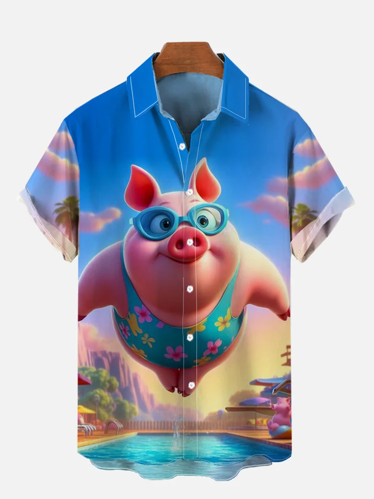 Men's Cozy Mr. Piggy Vacation Print Shirt PLUSCLOTHESMAN