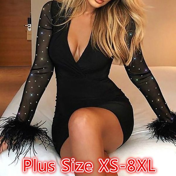 Women Club Hot Stamping Plunge Feather Insert Bodycon Dress Party Dress Plus Size Xs-8Xl - Chicaggo