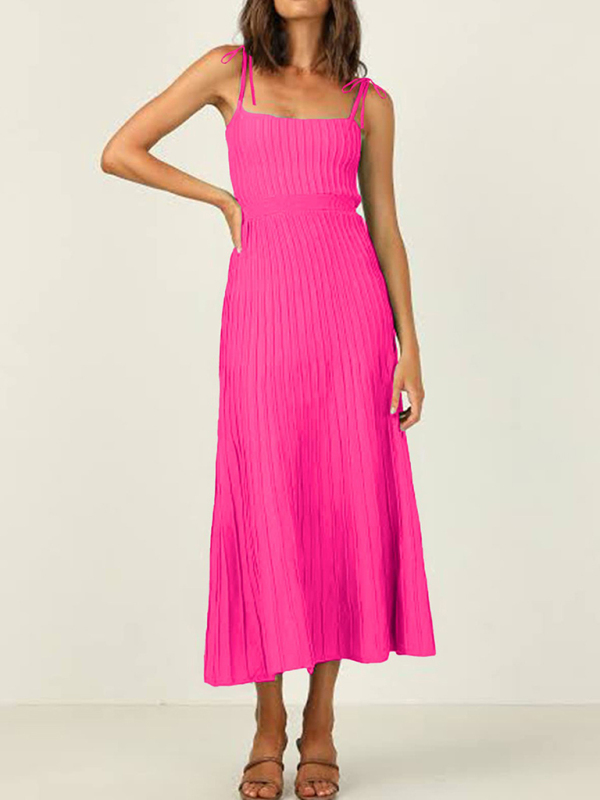 Mature Women Summer New Sling Fashion Solid Color High Waist Wide Swing Knitted Dress