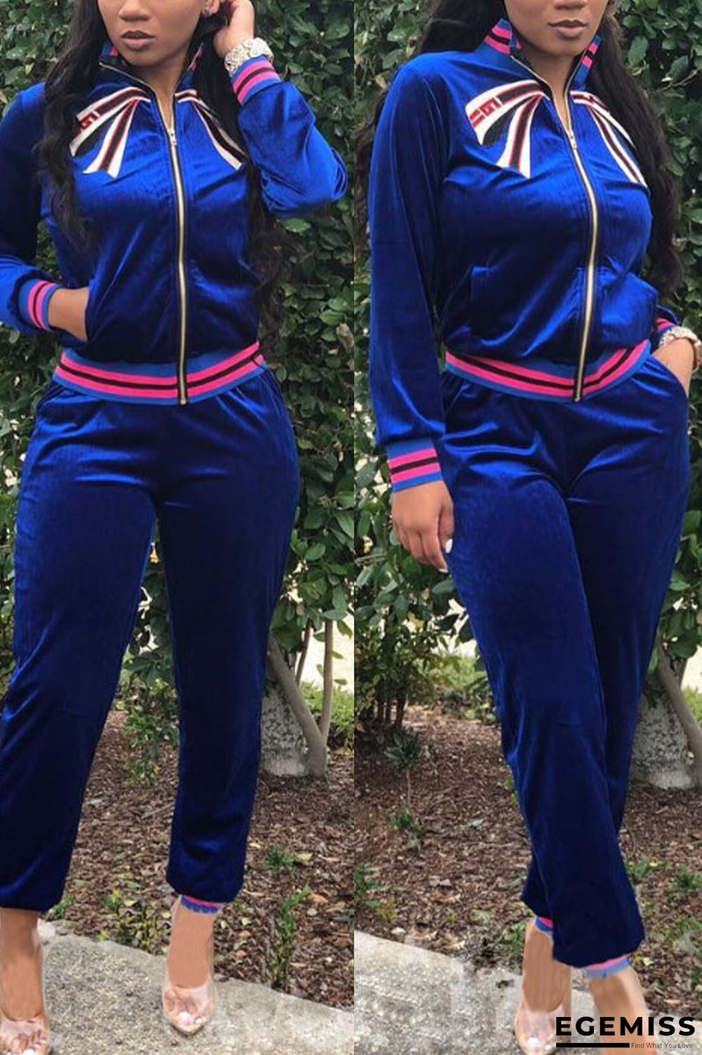 Blue British Style Patchwork Embroidered Sequins Zipper Collar Long Sleeve Two Pieces | EGEMISS