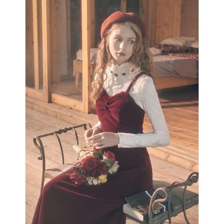 Fairy Tales Aesthetic Vintage Knitted Top & Red Dress Set QueenFunky
