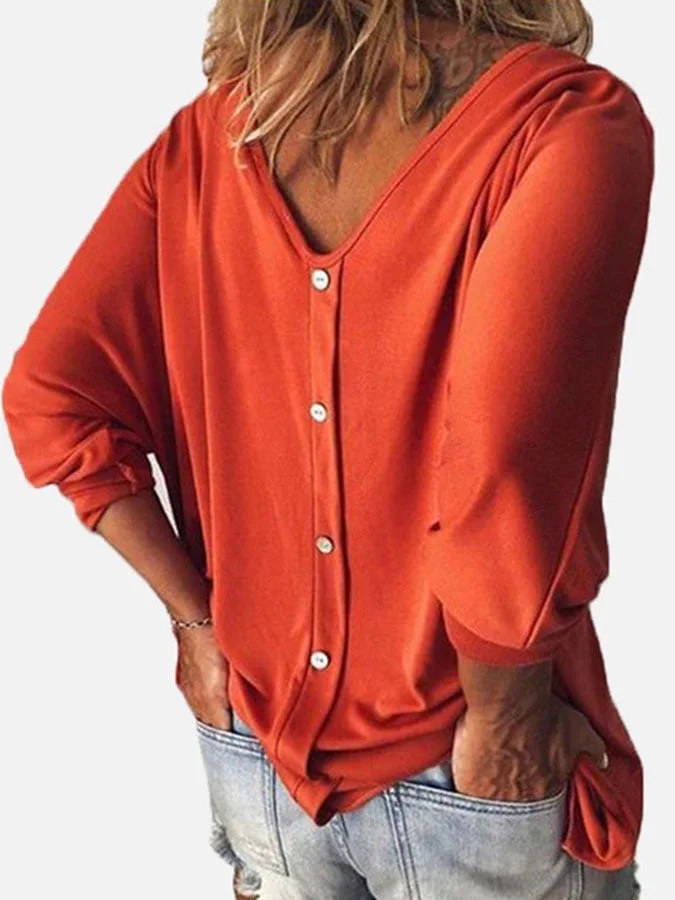Solid Color Back Button Long Sleeve Casual T-Shirt