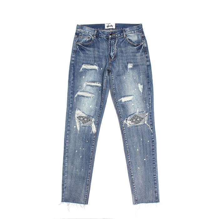 Vintage wash distressed straight ripped jeans