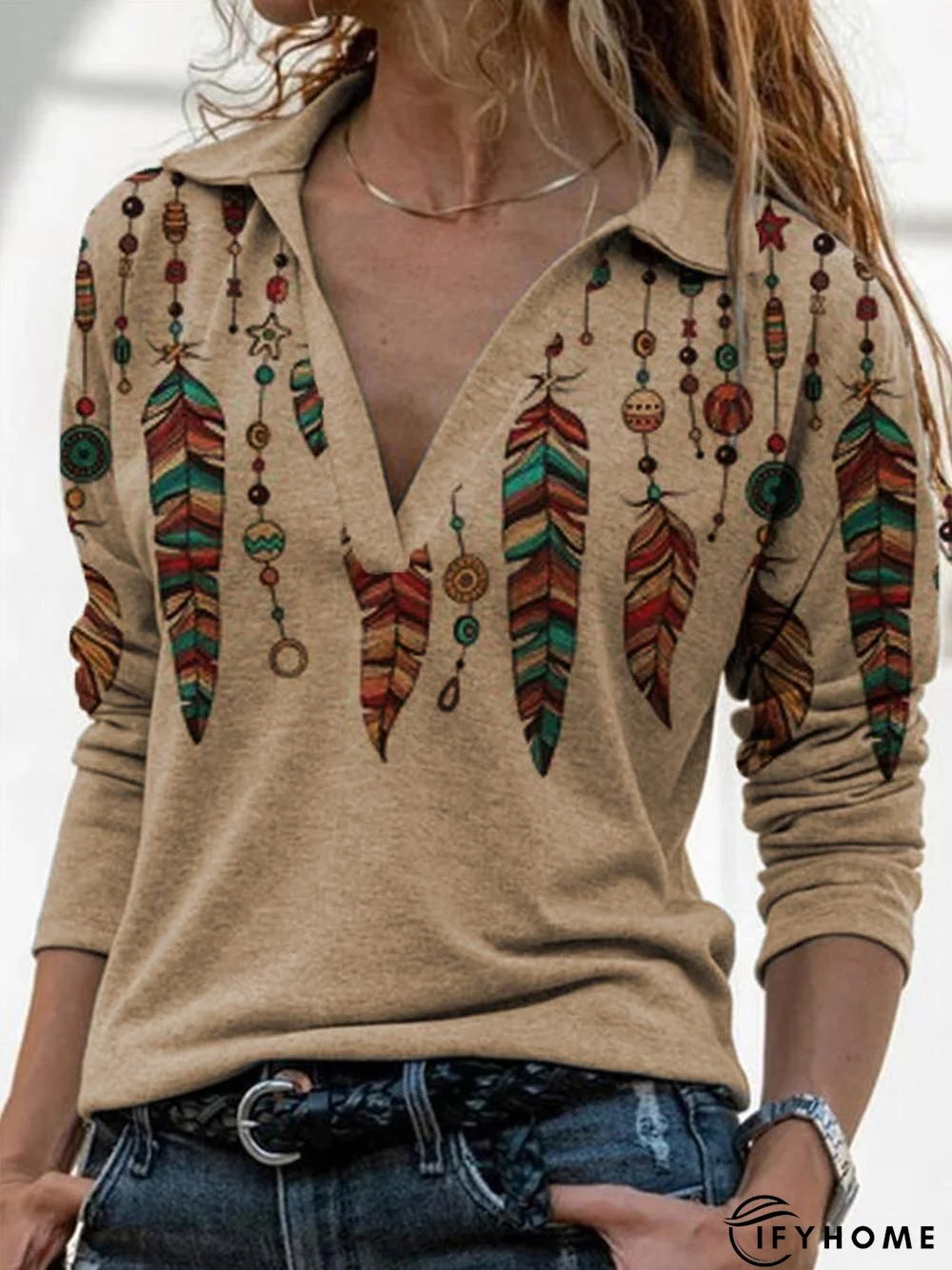 Women's Reto Western Feather Print Casual Lapel Long Sleeve Top | IFYHOME