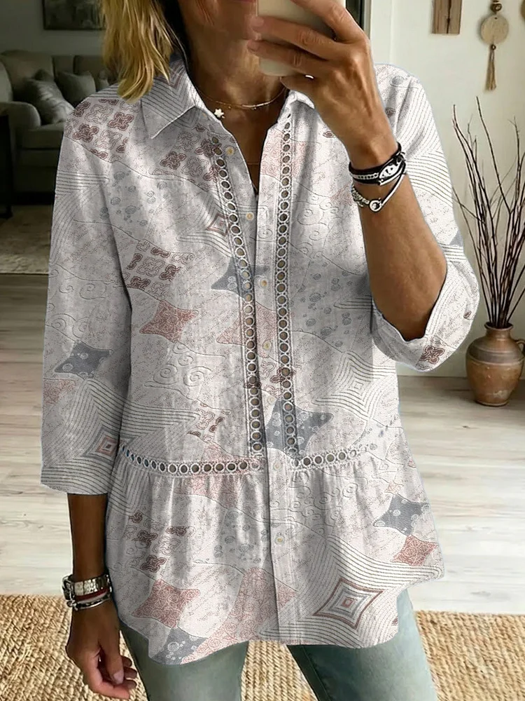 Casual Cotton-linen Shirt With Abstract Art Pattern, Patchwork, Cutouts, And Webbing Trim