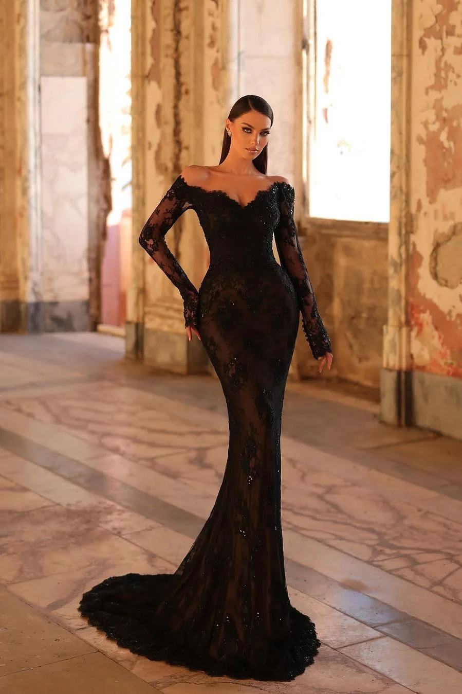 Miabel Elegant Black Lace Long Sleeves Off the Shoulder Mermaid Long Prom Dress with Beadings 
