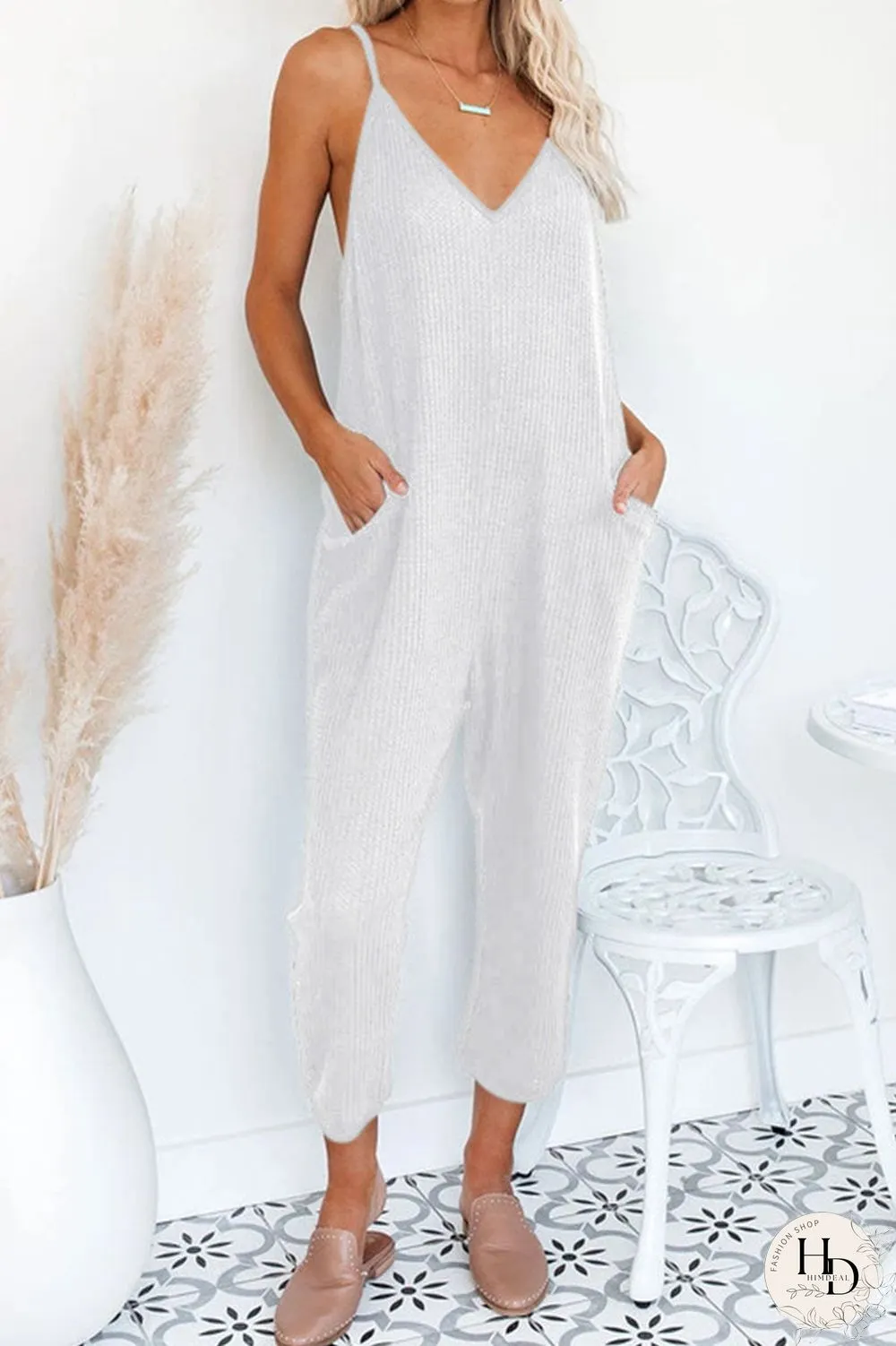 Fashion Street Solid Pocket V Neck Loose Jumpsuits(4 Colors)