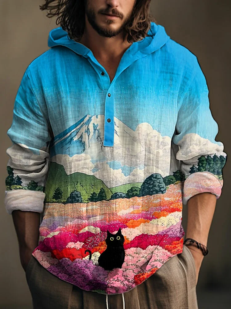 Comstylish Japanese Mount Fuji Landscape Cat Print Linen Blend Hoodie