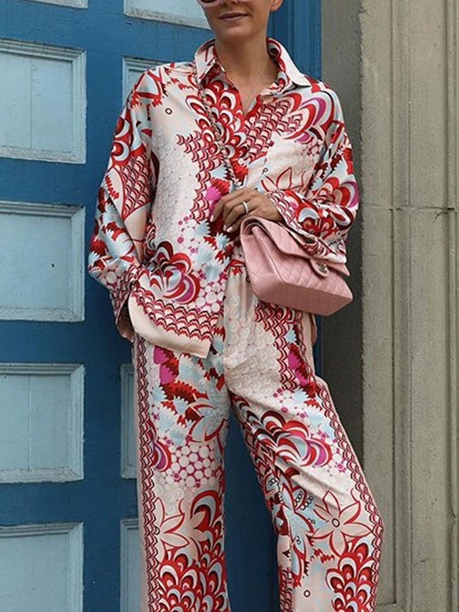 Fashion Floral Print Shirt Two Piece Set