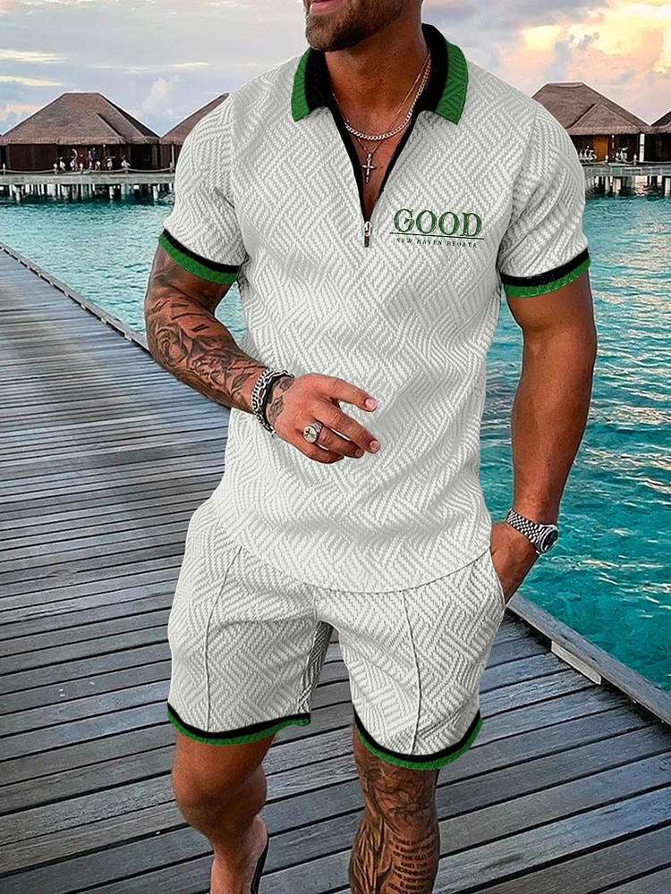 Men's Casual 'GOOD' Print Polo Suit
