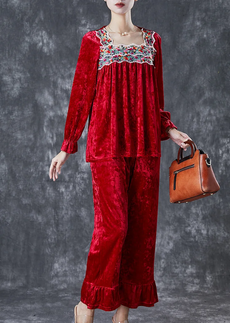 Vintage Red Embroideried Patchwork Silk Velour Women Two Piece Set Fall