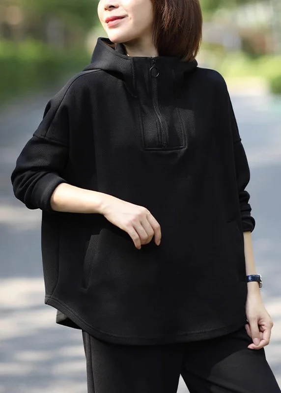 Plus Size Casual Black Hooded Cotton Pullover Sweatshirt Fall