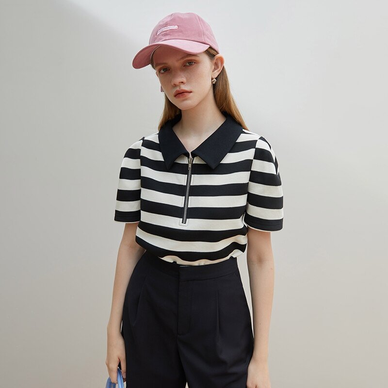 FSLE Simple Women T-shirt Black White Striped Polo Collar Casual All-match 2022 Summer New Loose Commute Female Tops Tees