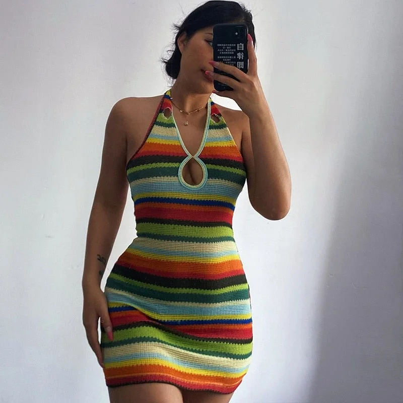 Beach Style Knitted Dress Chic Women Summer Sexy Backless Deep V-neck Halter Dress Y2K Streetwear Vacation Casual Vestido 1226