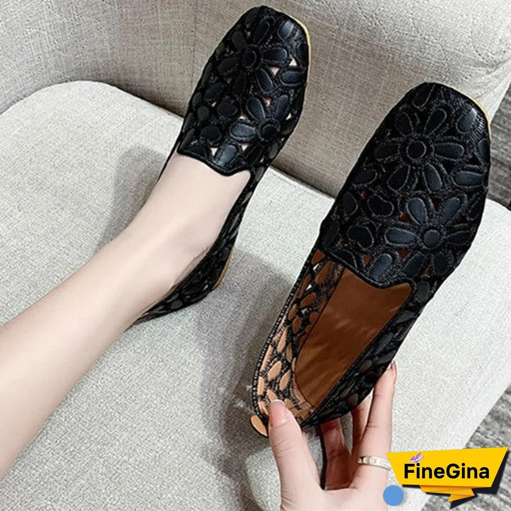 Women's Summer Square Toe Hollow Flower Slip-on Casual Breathable Flat Sandals