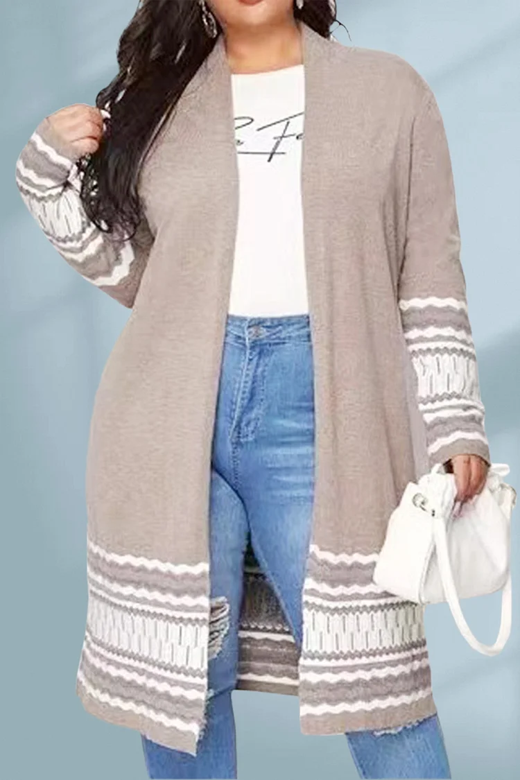 Plus Size Casual Grey Mid-Length Striped Knitted Cardigan  Flycurvy [product_label]