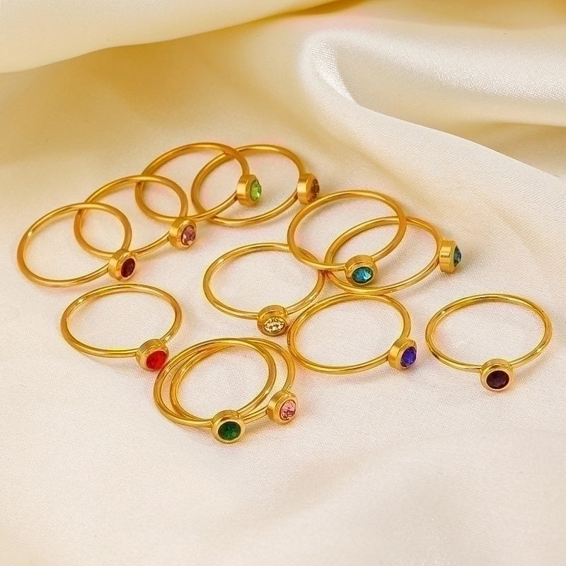 304 Stainless Steel 18K Gold Plated Minimalist Plating Inlay Round Rhinestones Birthstone Rings