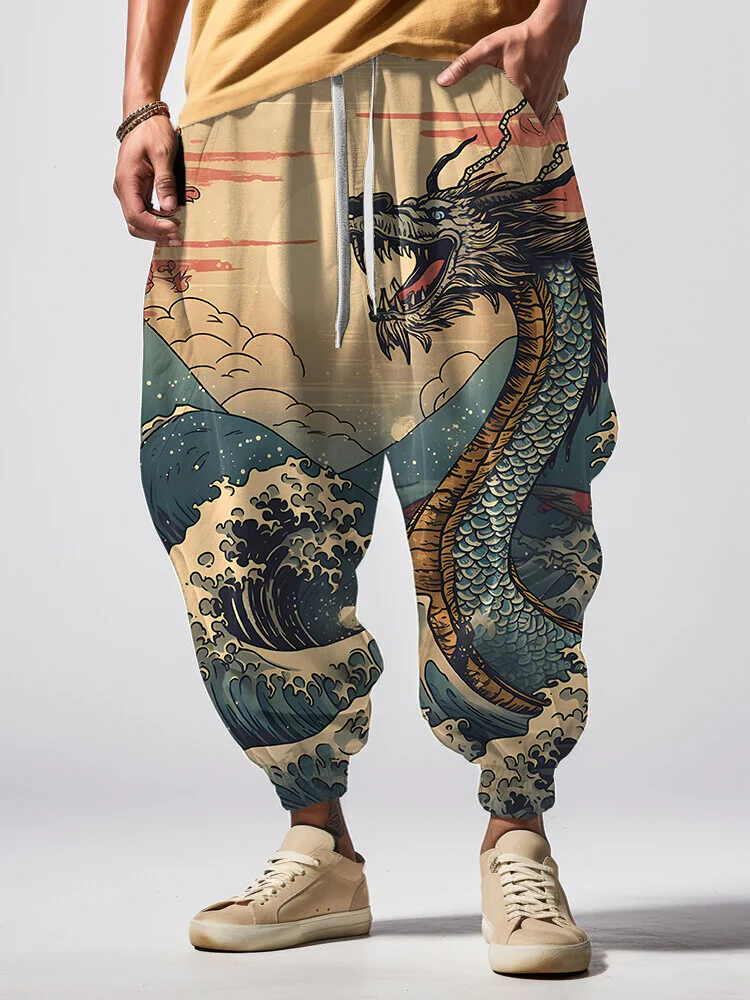 Men's Dragons In The Ocean Japanese Art Print Loose Drawstring Waist Sweatpants