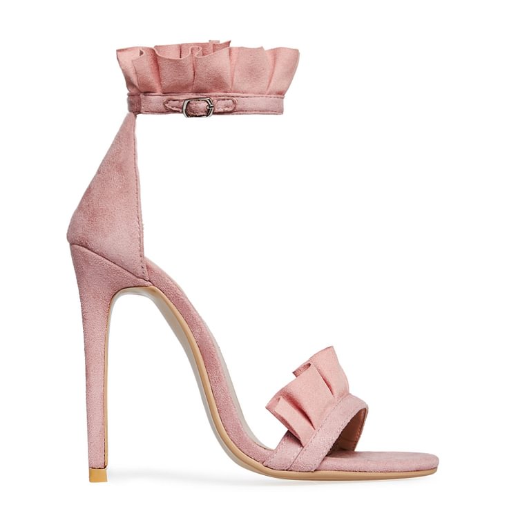 Pink Suede Ankle Strap Sandals Open Toe Stiletto Heel Ruffle Sandals |FSJ Shoes