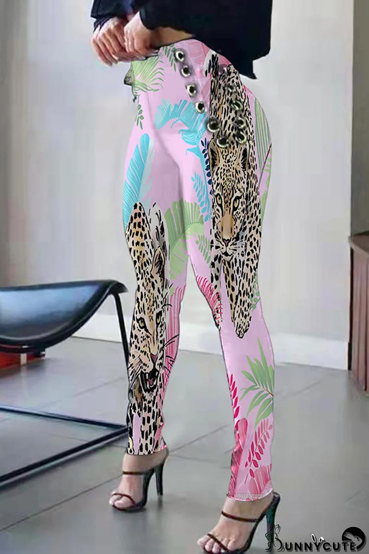 Pink Fashion Casual Print Frenulum Skinny High Waist Pencil Trousers