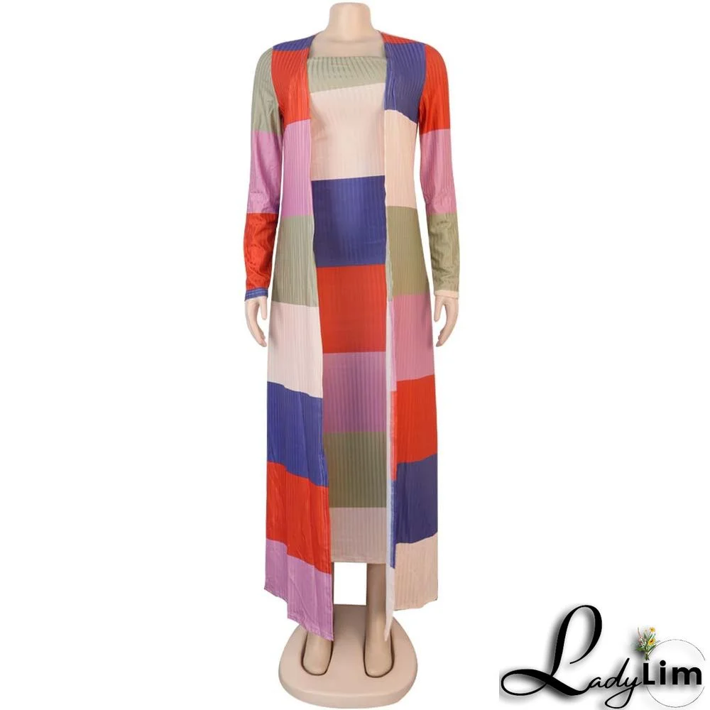 Plus Size Women Ribbed Print Colorblock Dress + Long Coat