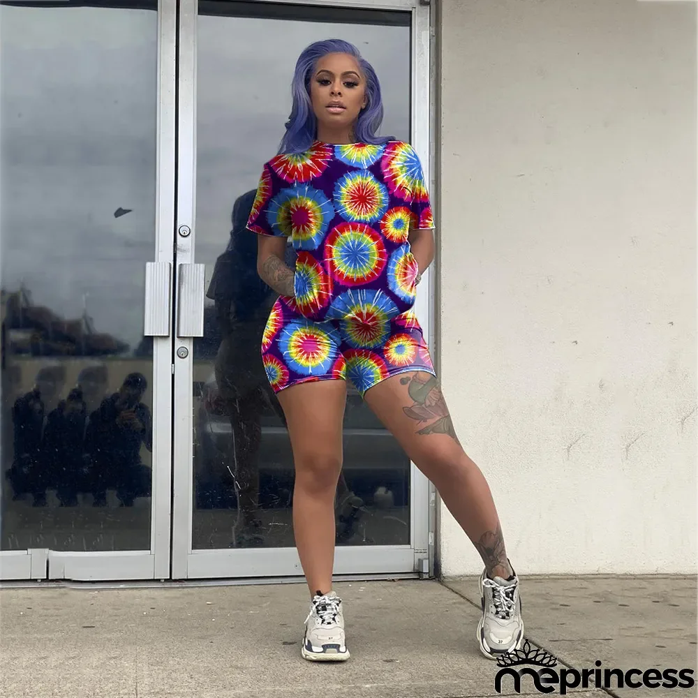 Tie Dye Print Casual Short Two Piece Sets