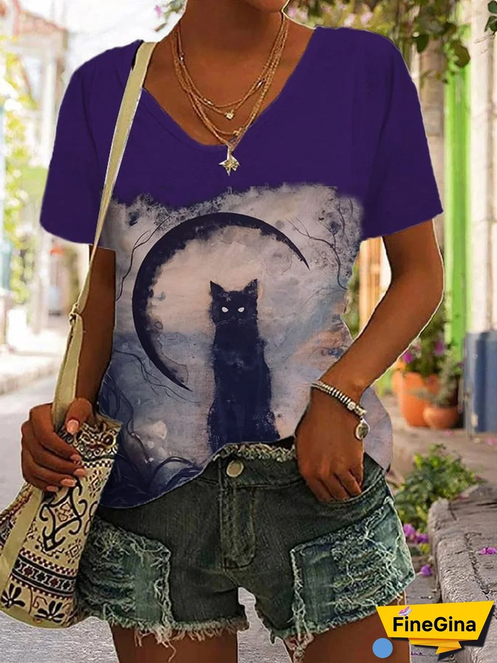Halloween vintage cat print T-shirt