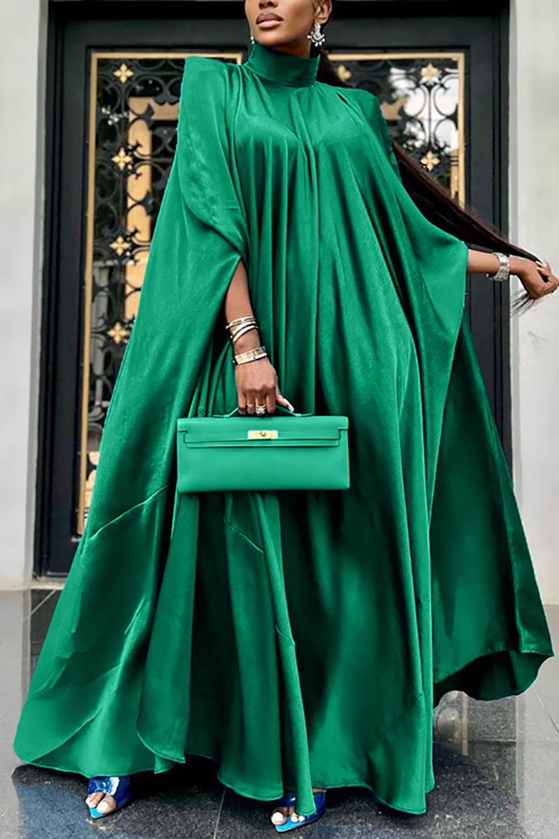 Plus Size Green Satin Tunic Church Long Sleeve Maxi Dress