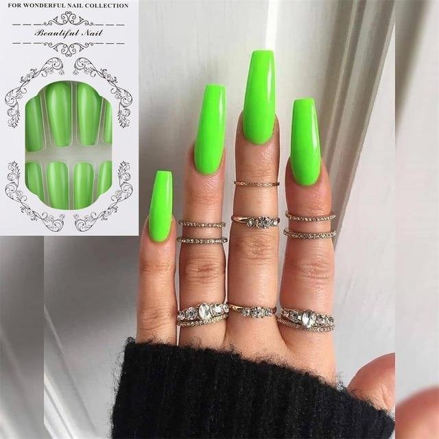 Press On Nails French Tip Neon Matte Glossy Coffin Nail Kit