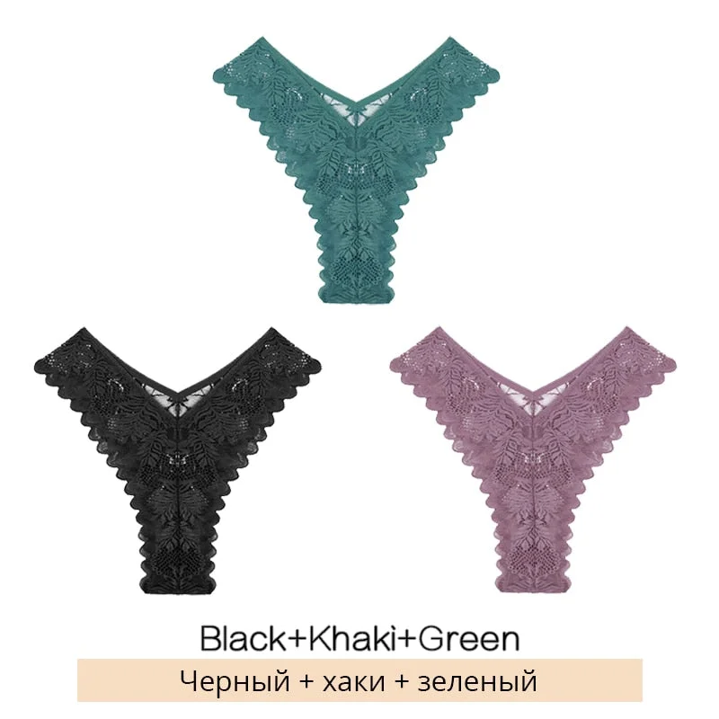 FINETOO Sexy Low-Rise Lace Panties 3Pcs/set Women Floral Brazilian Underwear S-XL Girls T-back Underpants Ladies Lingerie 2021