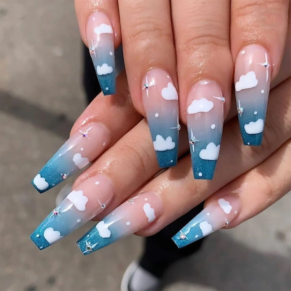 24Pcs/Set Long Coffin Fake Nails Clear French Blue Sky White Cloud Pattern Full Cover Press on Nails faux Ongles Tips Nail Art