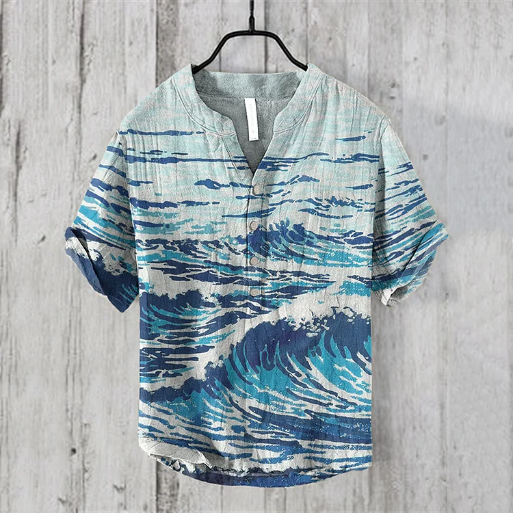 Vintage Japanese Waves Art Print V-Neck Short Sleeved Shirt