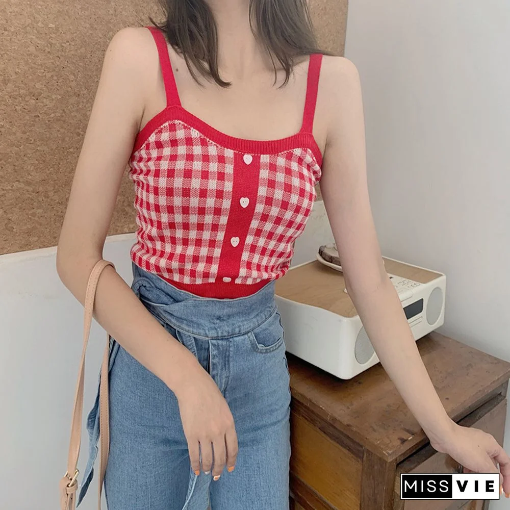 Women's Sexy Bottoming Crop Top Retro Sweet Plaid Pattern Knit Popular Camisole Cotton Slim Sexy Tops