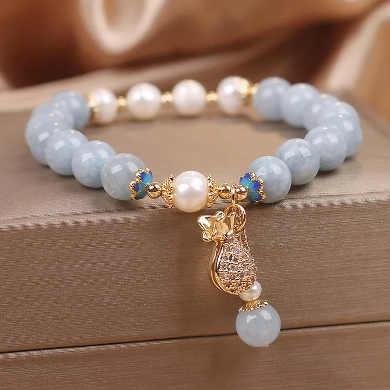 Aquamarine Pearl Fortune Money Bag Charm Bracelet
