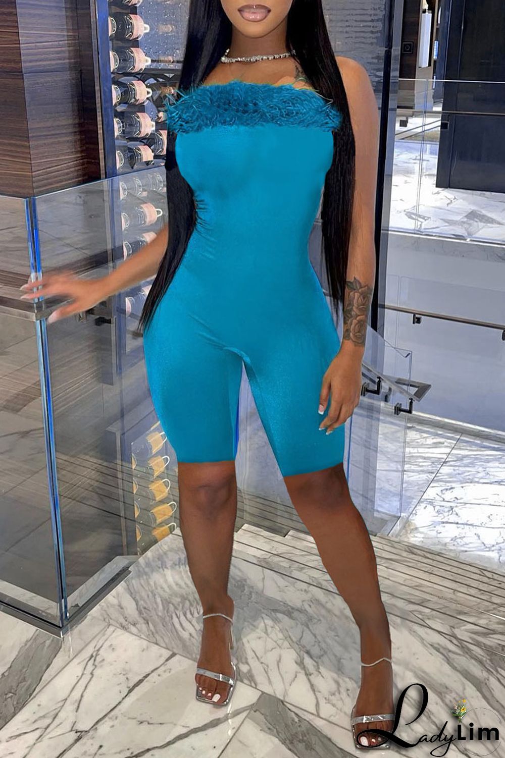 Black Sexy Solid Split Joint Feathers Strapless Regular Jumpsuits