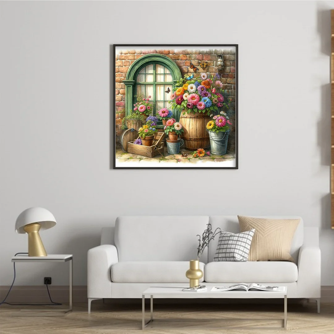 Flowers By The Window Full 11CT DIY Stamped Cross Stitch Kits 40x40cm for Adults