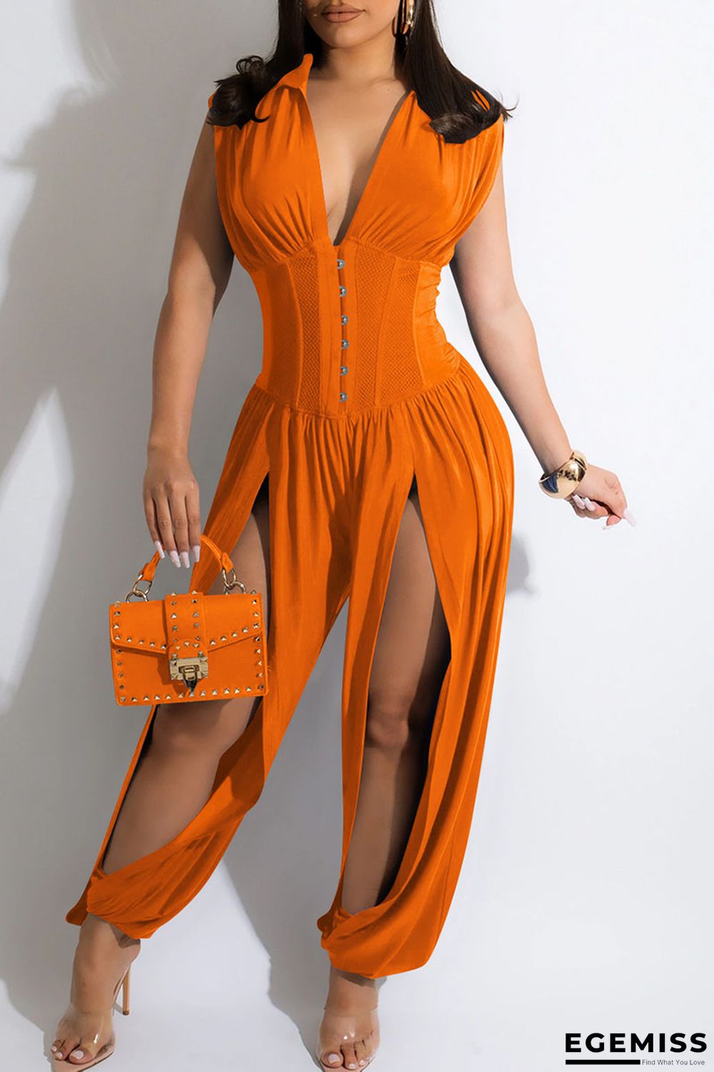 Tangerine Sexy Solid Hollowed Out Patchwork V Neck Regular Jumpsuits | EGEMISS
