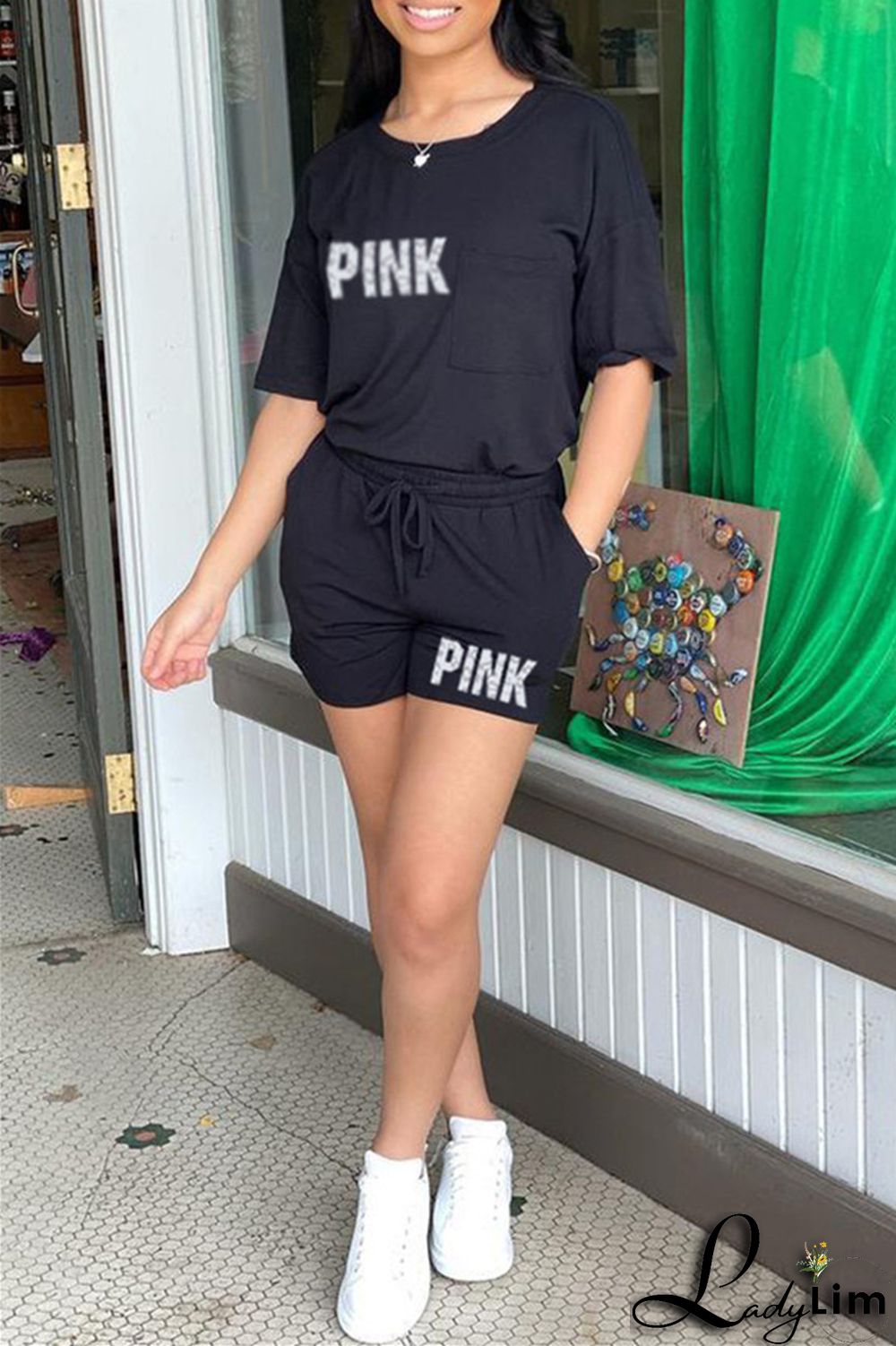 Black Fashion Casual Letter Print Patchwork O Neck Short Sleeve Two Pieces