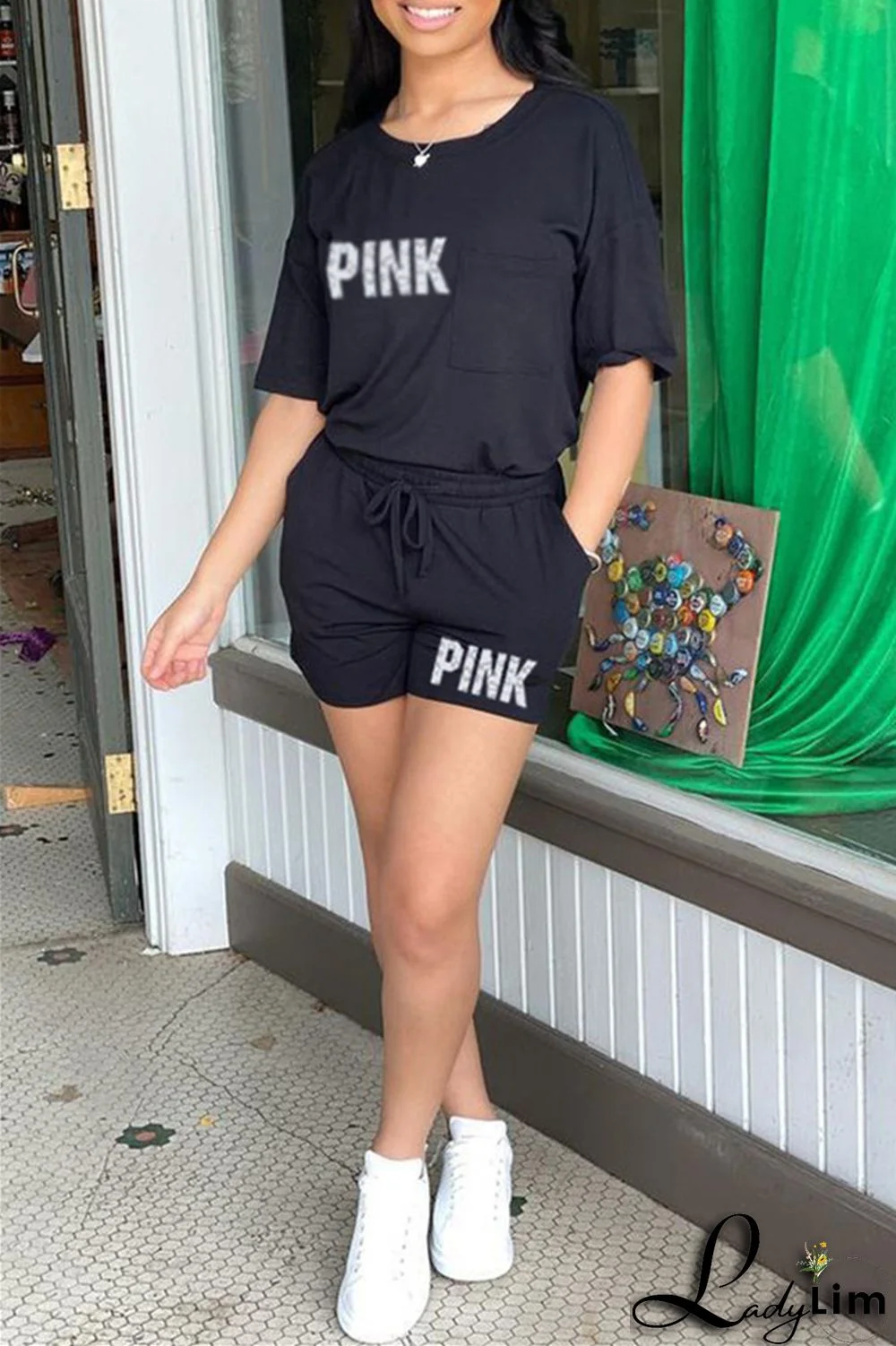 Black Fashion Casual Letter Print Patchwork O Neck Short Sleeve Two Pieces