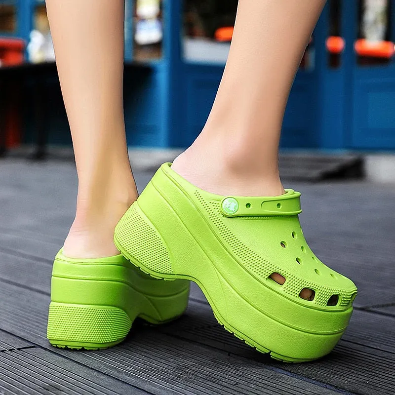 Summer Green Platform High Heels Sandals Non-slip Wedges shoes for Women 10 cm Increase Fashion Garden Shoes