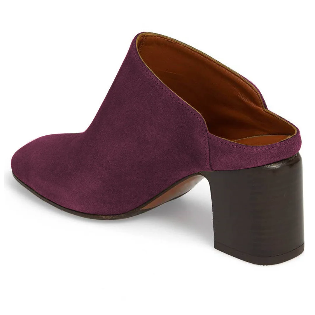 Classic Purple Round Toe Block Heel Slip-On Women's Mules Shoes