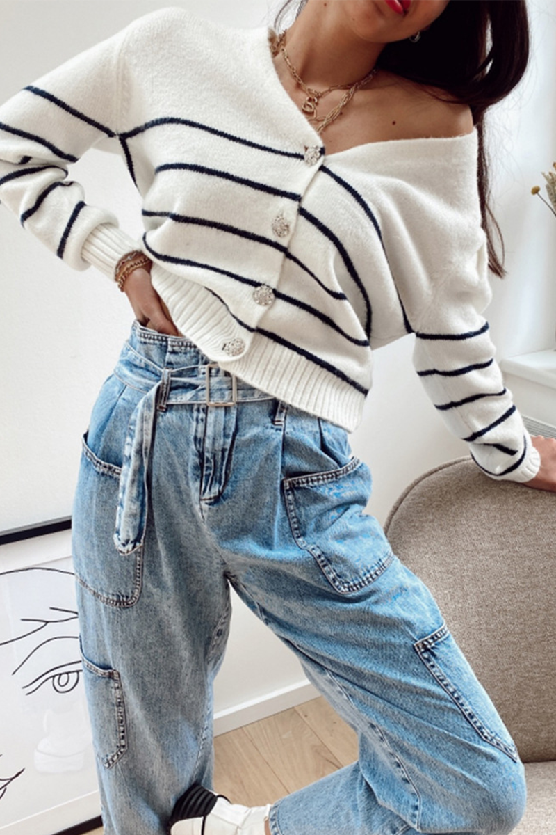 Casual Striped Buckle  Contrast V Neck Tops