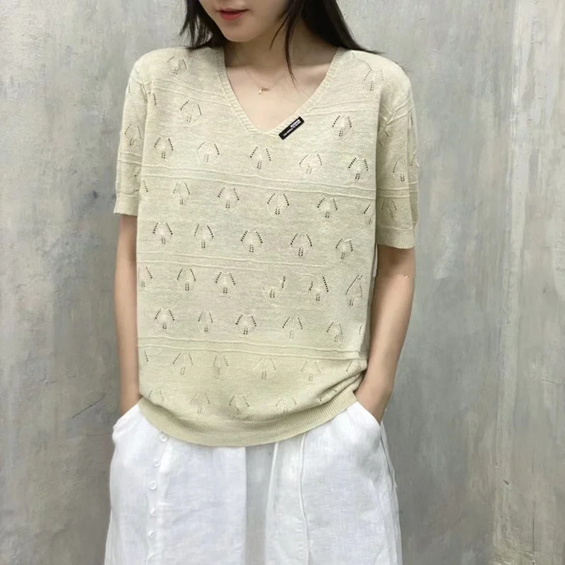 Churchf Churchf Summer Solid Color Loose Short-Sleeved Bottom Shirt Literary Casual Jacket V-Neck Knit T-Shirt Women