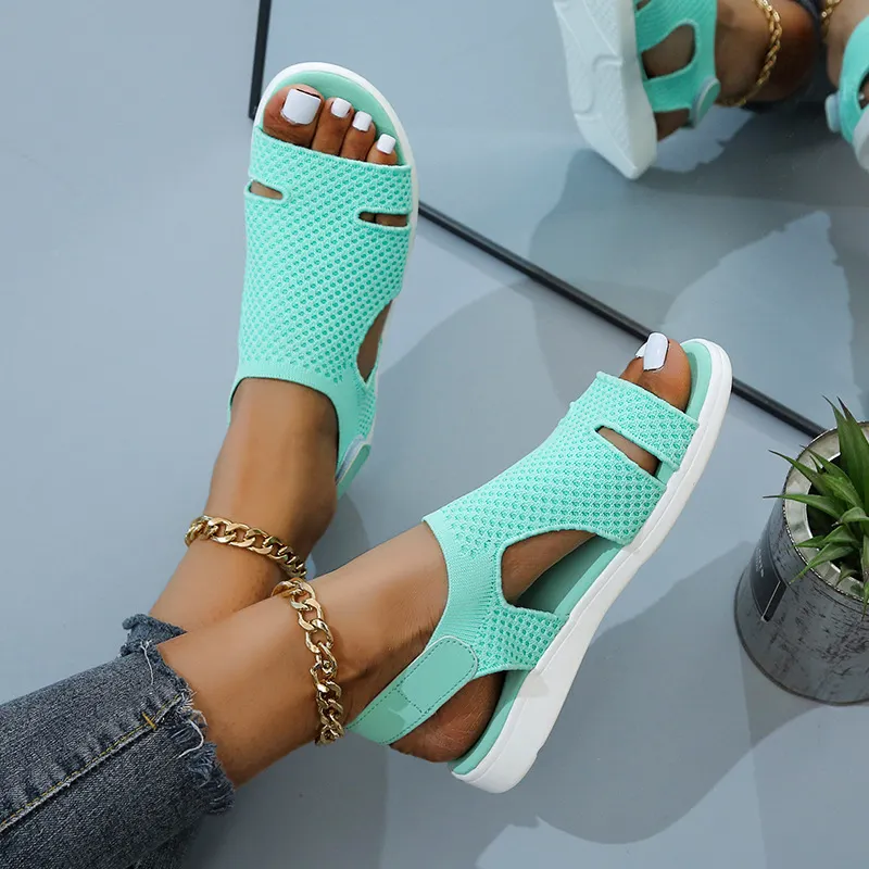 Breakj Breakj Summer New Women's Sandals Large-Size Breathable Elastic Fly Weaving Flat Bottom Casual Women's Shoes