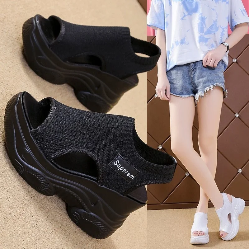 Zingj Knit Platform Sandals Lady Summer Mesh Round Head Fish Mouth Toe Cover Foot Sports Student Casual Shoes