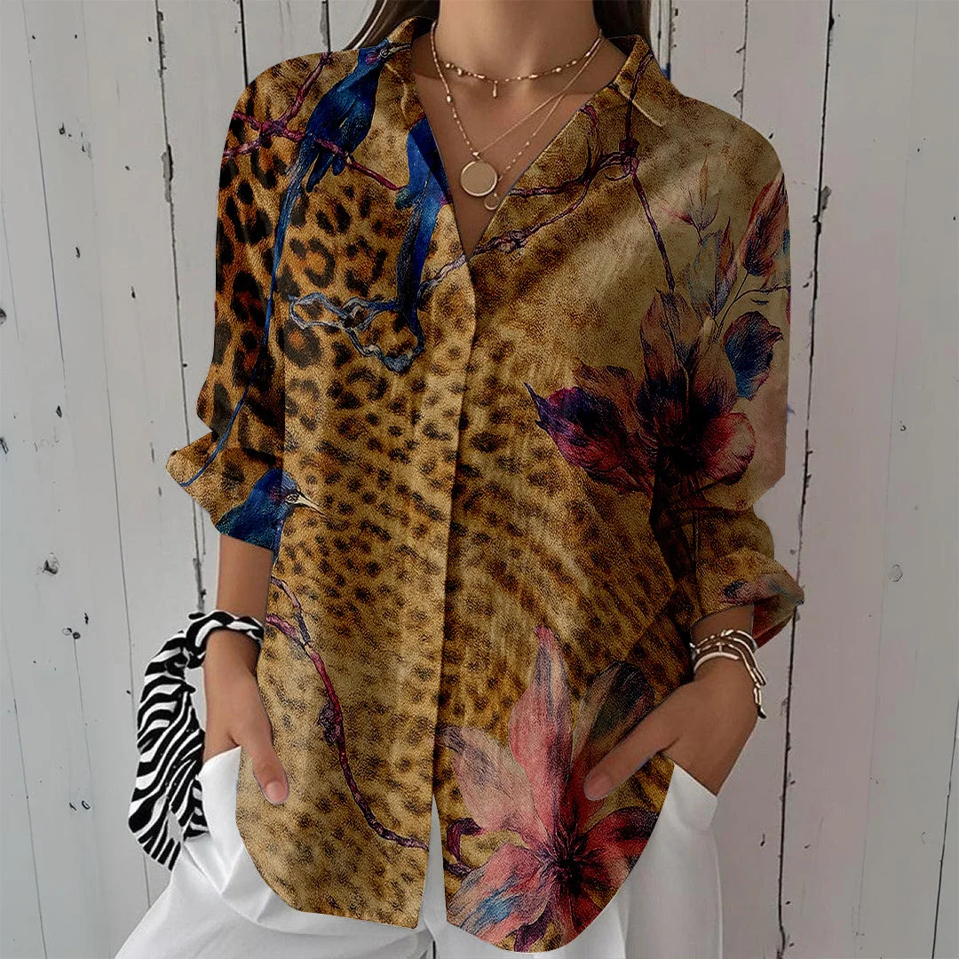 Style & Comfort for Mature Women Women Bird, Flower, Brown DZCL0482 3/4 Sleeve Shirt Collar Printed Button Tops